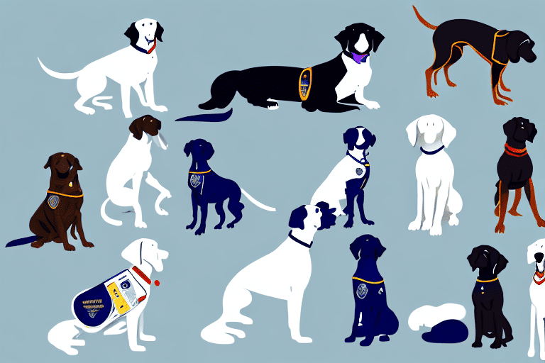 Several different breeds of service dogs performing various tasks such as guiding