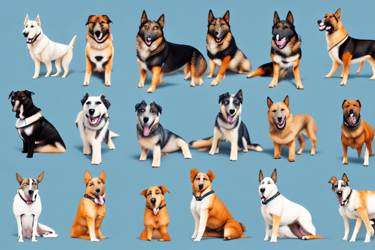 Several different types of shepherd mix dogs in various poses