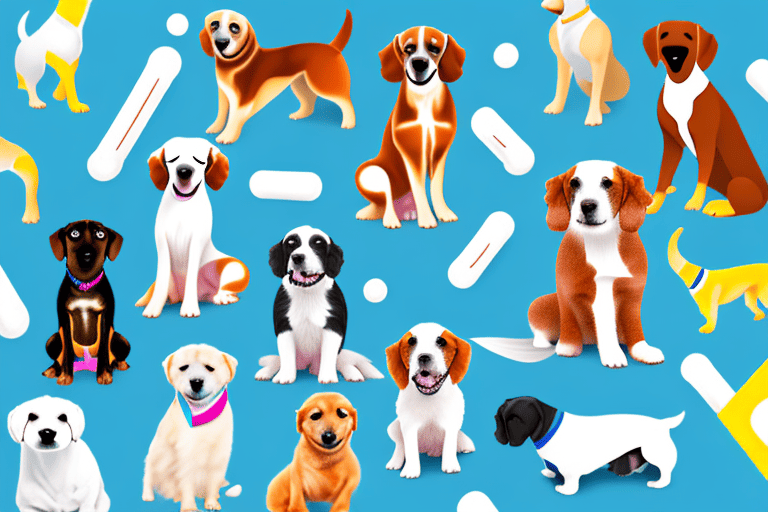 Several different breeds of dogs sitting patiently with a variety of colored band-aids on them