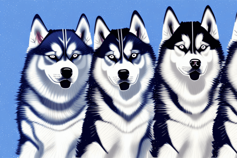 Different types of siberian husky dogs showcasing their varied coat colors and patterns