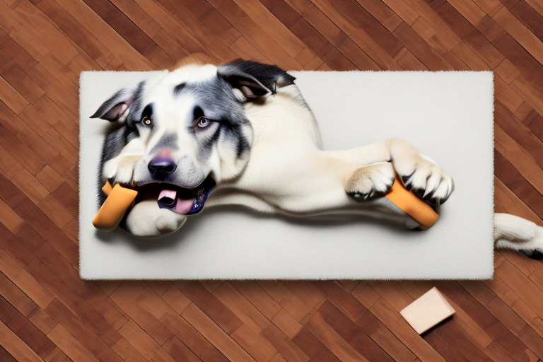 A large dog happily lounging on a durable hardwood floor with a chew toy