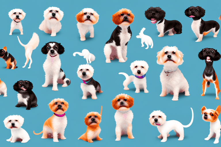 Several different types of small pet dogs in various playful poses