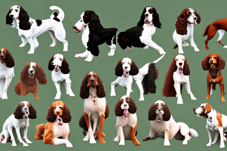 Various springer spaniel dogs in different poses and colors