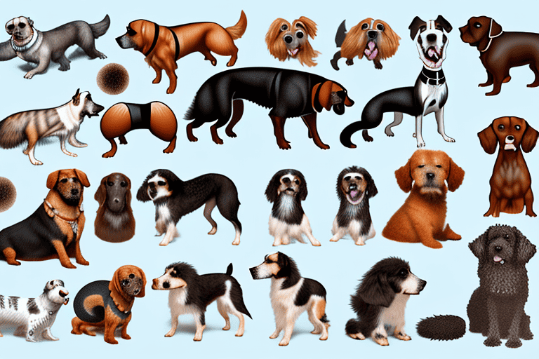 Various breeds of dogs with different types of ticks and fleas visible on their fur