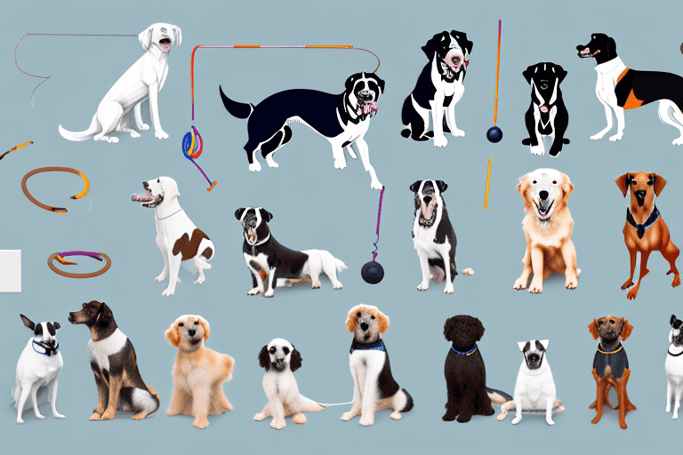 Various breeds of dogs engaged in different types of training activities such as agility training