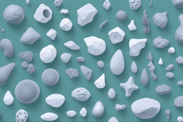 Several different types of uroliths (urinary stones) in various shapes and sizes