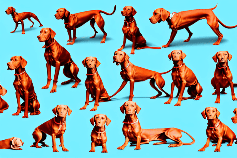 Different types of vizsla dogs in various poses