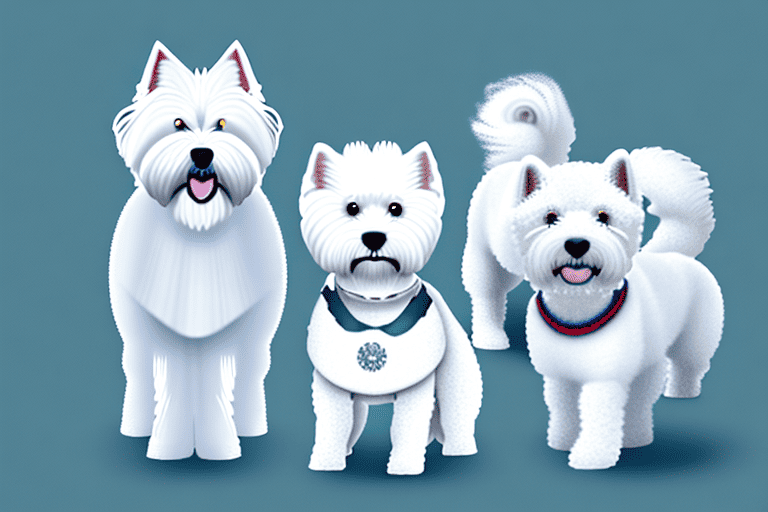 Several different breeds of white dogs