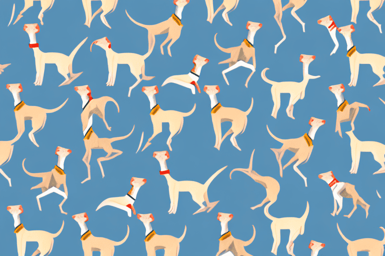 Several distinct types of whippet dogs in various poses to highlight their unique attributes and differences