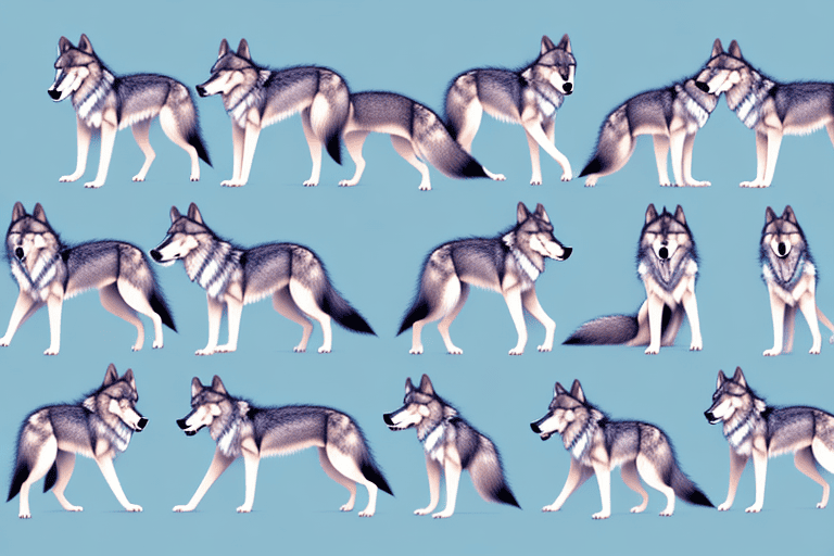 Various wolf dog hybrids in different poses