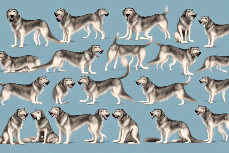 Several distinct types of wolfhound dogs in various poses to highlight their unique characteristics and differences