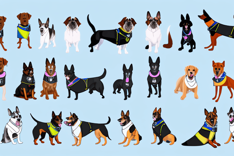 Various breeds of dogs in different professional gear