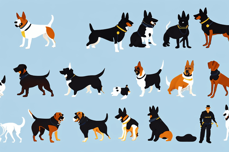 Several different breeds of dogs in various working roles such as a police dog