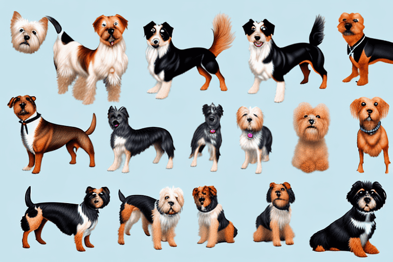 Several different breeds of yorkshire dogs in various poses