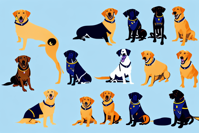 Various types of service dogs like a labrador retriever