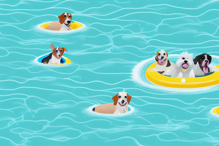 A variety of dogs happily swimming and playing in a large