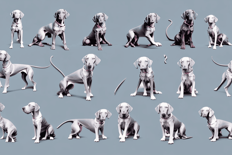 Several weimaraner dogs in various action poses