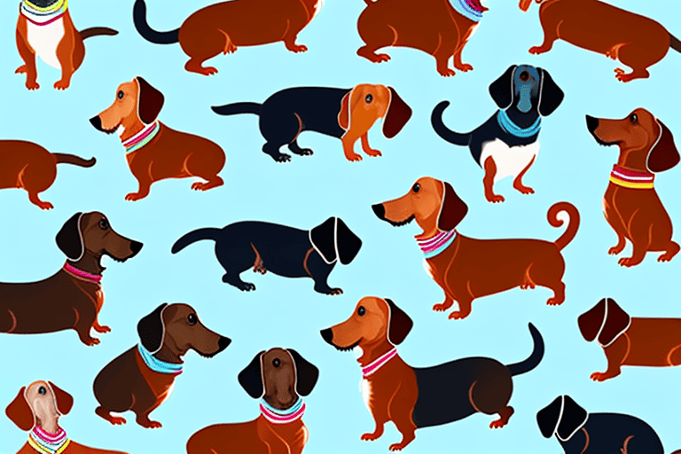 Several distinct types of dachshunds in various colors and fur types