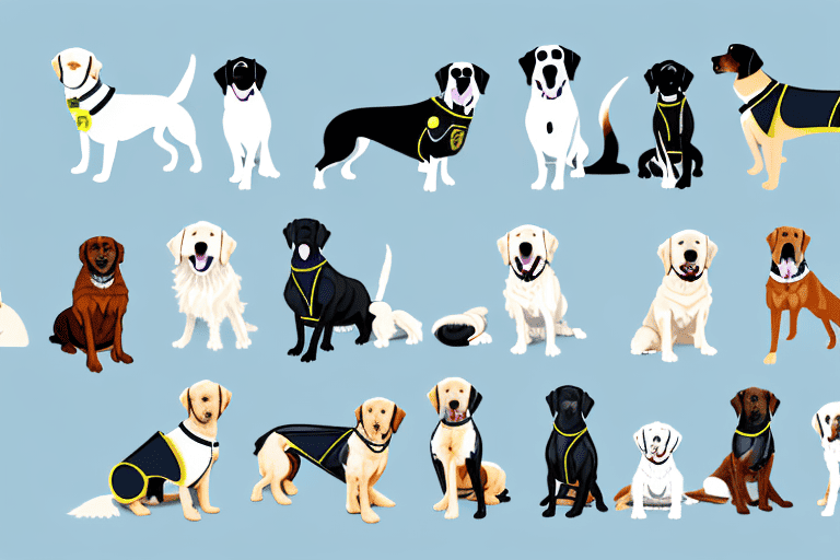 Several different breeds of dogs wearing different types of service vests