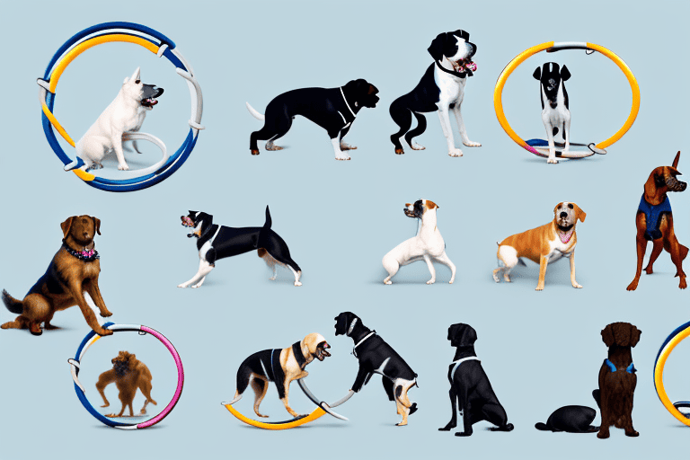 Several different breeds of dogs demonstrating various training methods such as agility training (jumping through hoops)