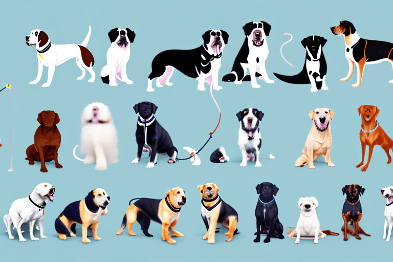 Different breeds of dogs demonstrating various training activities such as obedience