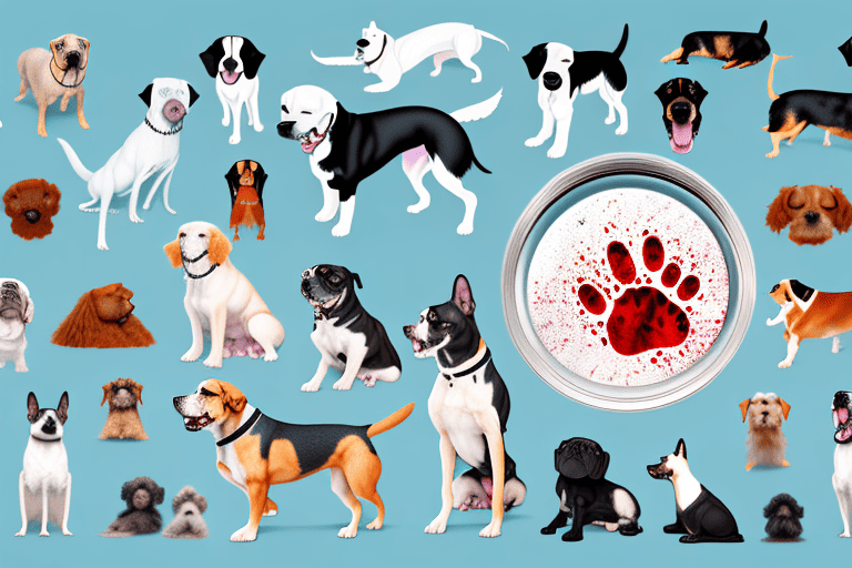 A variety of different dog breeds with a magnifying glass focusing on a drop of blood from a paw