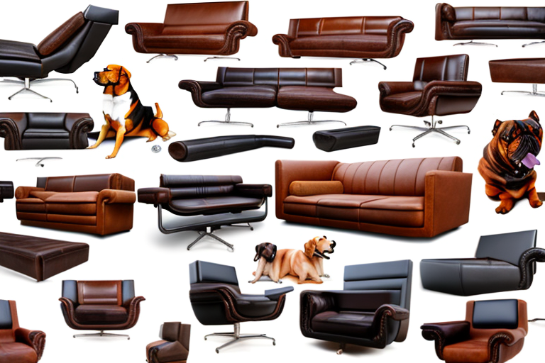 A variety of leather couches with different breeds of dogs comfortably lounging on them