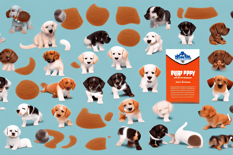 A variety of high-quality puppy food brands surrounded by playful puppies of different breeds