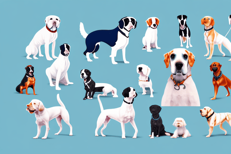 Several different breeds of dogs standing on a giant insurance policy