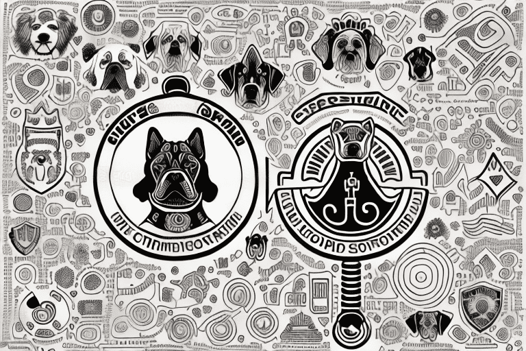 Various types of dogs surrounded by symbols representing safety