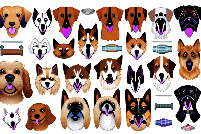 Various types of dog muzzles displayed next to different breeds of dogs