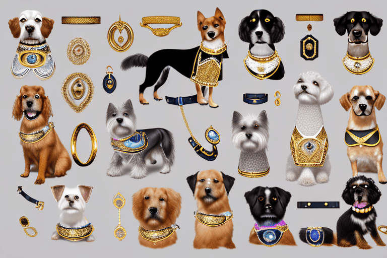 A few different breeds of dogs adorned with lavish accessories like diamond collars and golden leashes