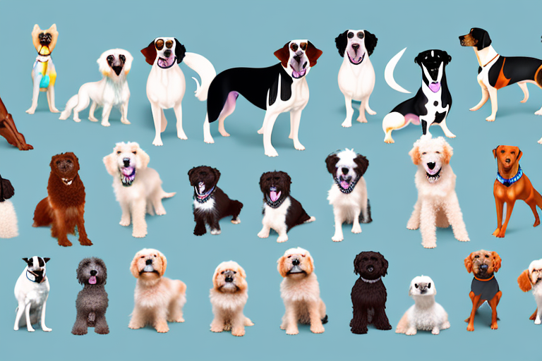 Several different breeds of dogs in various playful poses