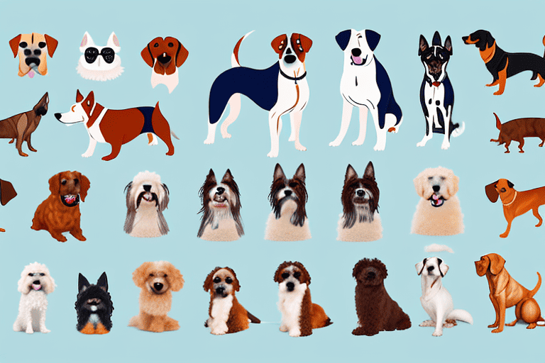 A variety of different dog breeds in a natural setting