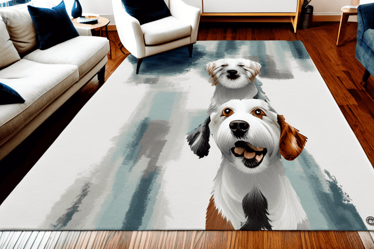 Several different types of area rugs with a variety of dog breeds happily lounging or playing on them