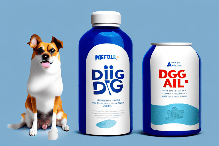 A dog sitting next to a bottle of dog-friendly aspirin