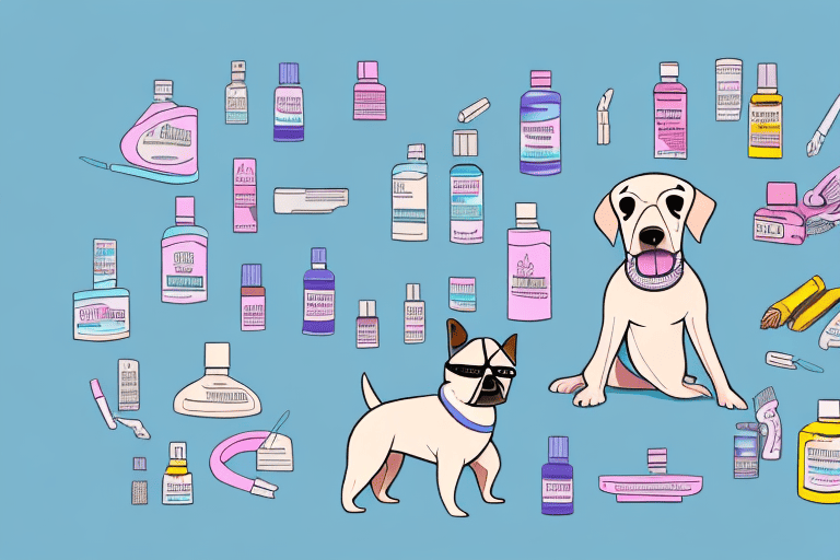 A dog next to a variety of benadryl products