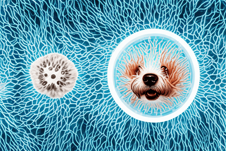 A dog with a portion of its fur peeling back to reveal a magnified view of various types of cells