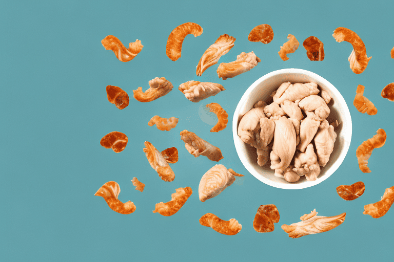 A dog happily eating from a bowl filled with cooked chicken pieces