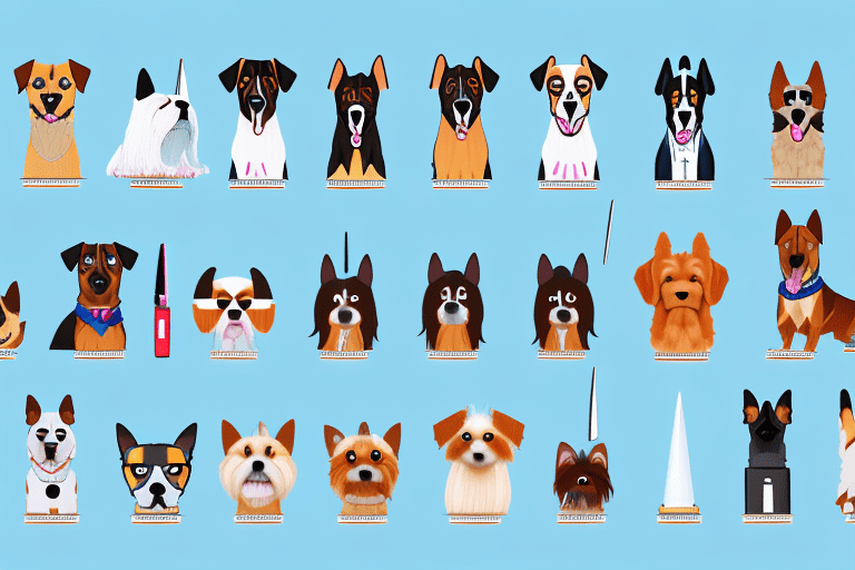 Various types of dog clippers displayed next to different breeds of dogs