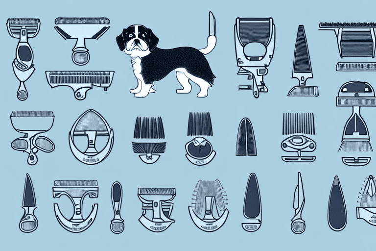 Various professional dog grooming clippers next to a well-groomed dog of a non-specific breed