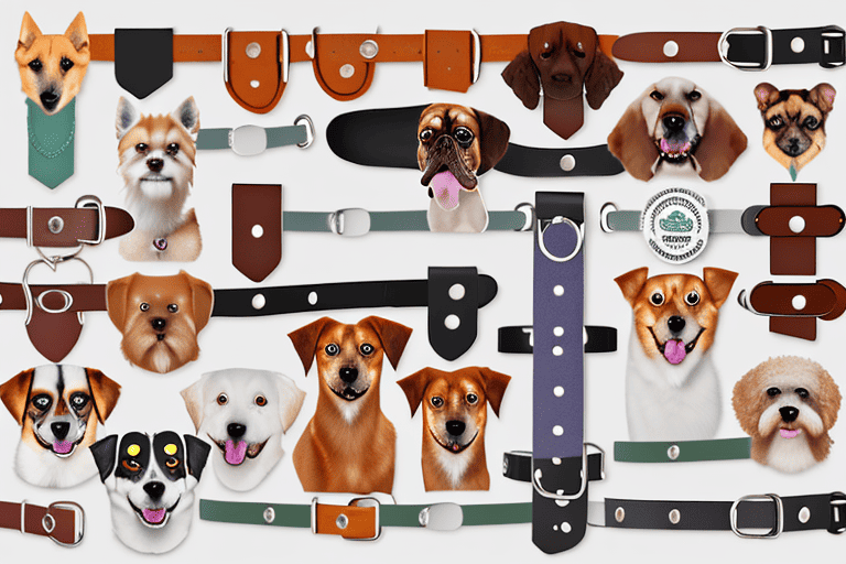 Several different types of dog collars displayed on a variety of dog breeds