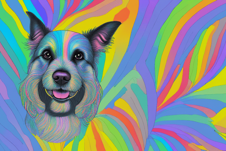 A dog looking at a spectrum of colors transitioning from what humans see to what dogs perceive