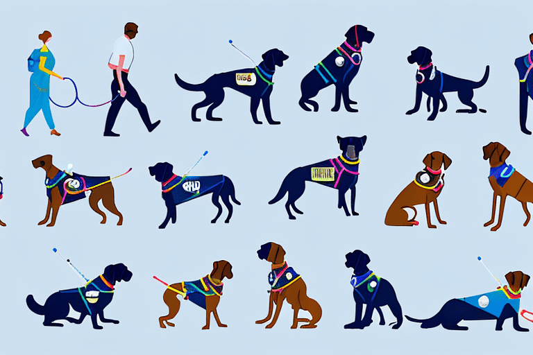 Several service dogs wearing different vests that symbolize various types of disabilities