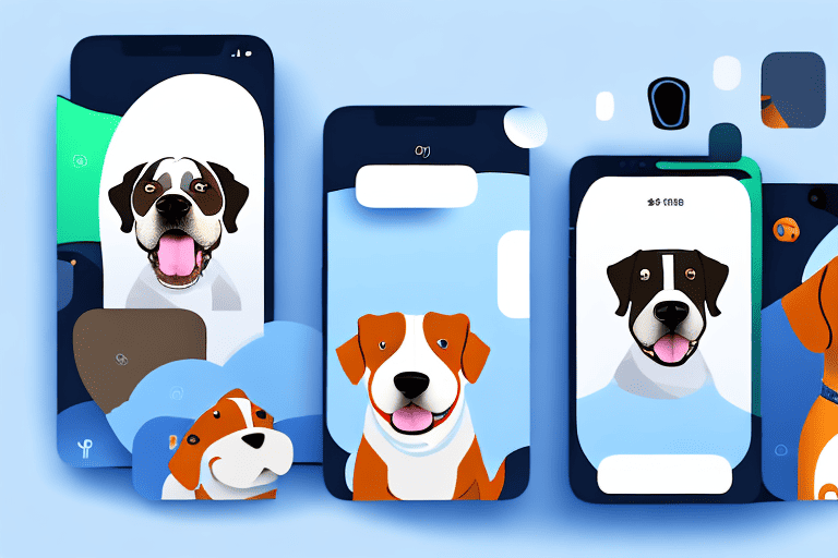 Several different types of dogs interacting with various types of smartphones and tablets