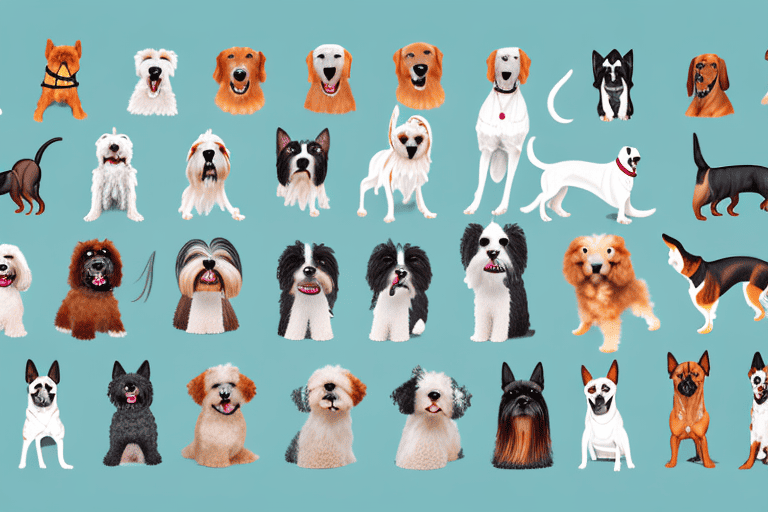 A variety of different dog breeds showcasing their unique characteristics in a park setting