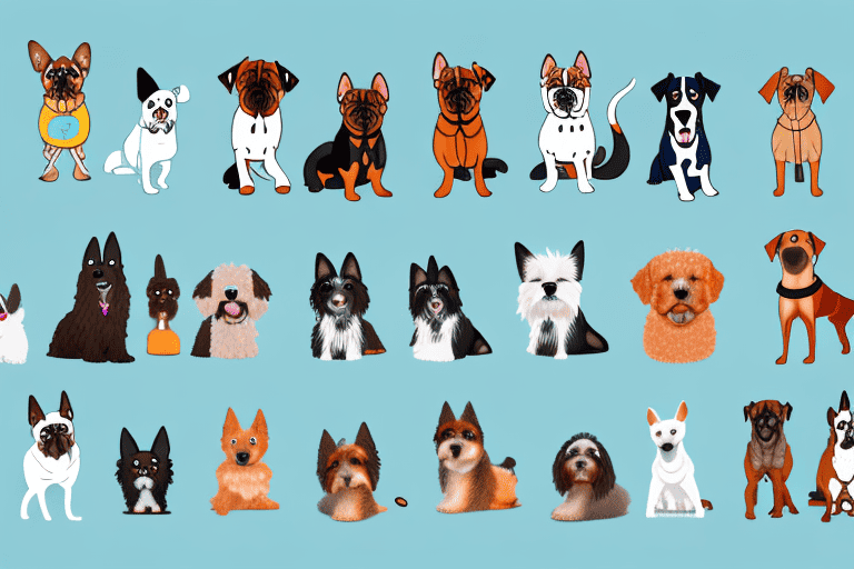 Various dog breeds of different sizes and characteristics in a park-like setting