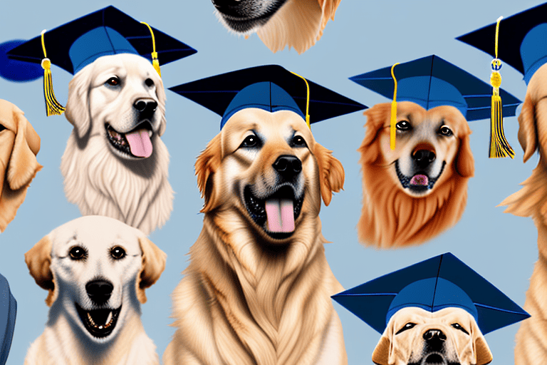 Several different dog breeds wearing graduation caps