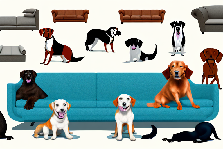 Various types of sofas with different breeds of dogs comfortably lounging on them