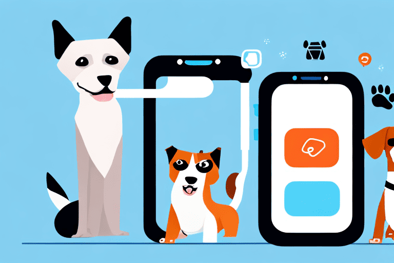 Various types of dogs looking curiously at a smartphone screen displaying an app icon